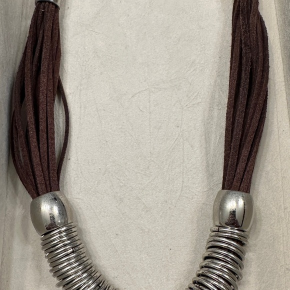 New Necklace - Brown Suede straps and Silver Rings - Picture 1 of 2